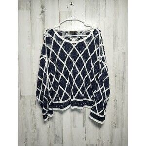 Hazel Women's L/XL Navy White Crochet Sweater
